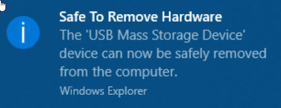 Safe to remove USB device - message