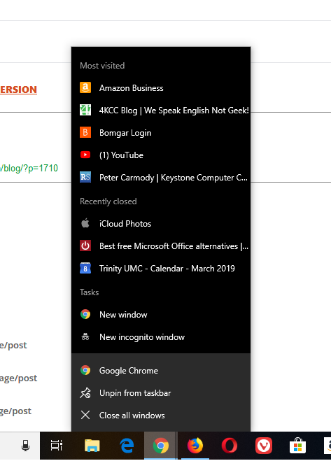 A Google Chrome Jump List originating in the Task Bar.