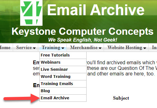 Screen capture of 4KCC Training Drop-down menu.