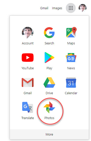 Screenshot of the Google menu expanded. The Photos app is circled in red.
