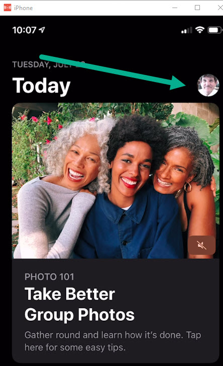 App store with arrow pointing to profile picutre