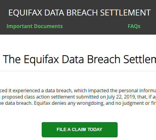 Screen capture of Equifax Data Breach Settlement - top of page