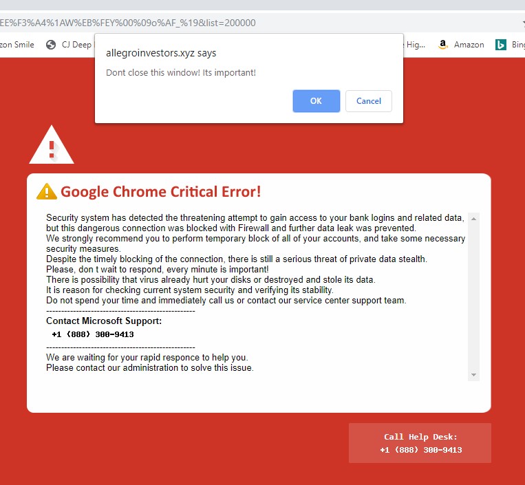 Fake Google Chrome Critical Error screenshot
