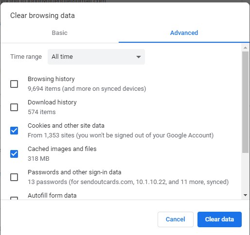 Screenshot of the Google Chrome "Clear browsing data" window.
