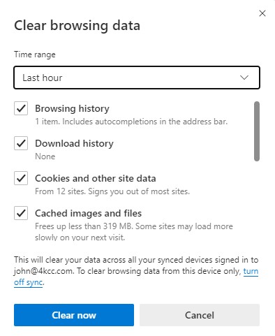 Screenshot of Microsoft Edge "Clear browsing data window."