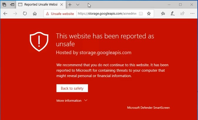 Microsoft warning that a page is unsafe