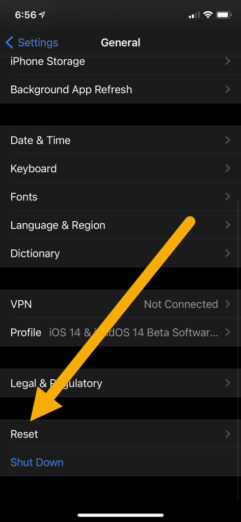 Screenshot of iPhone settings with arrow pointing to "Reset."