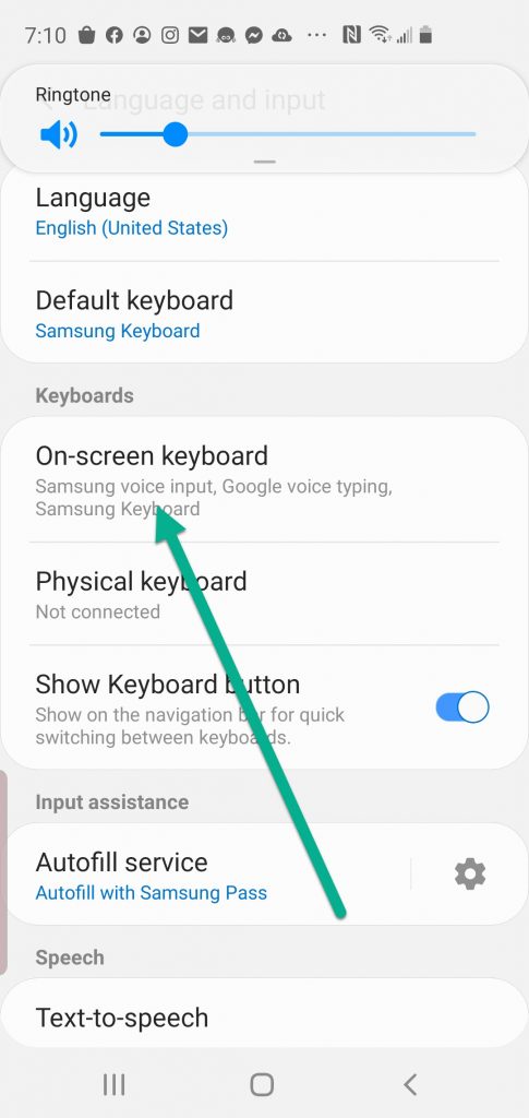 Screenshot of Android settings with arrow pointing to "On-screen keyboard."
