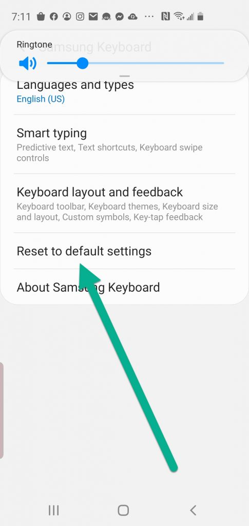 Screenshot of Android settings with arrow pointing to "Reset to default settings."