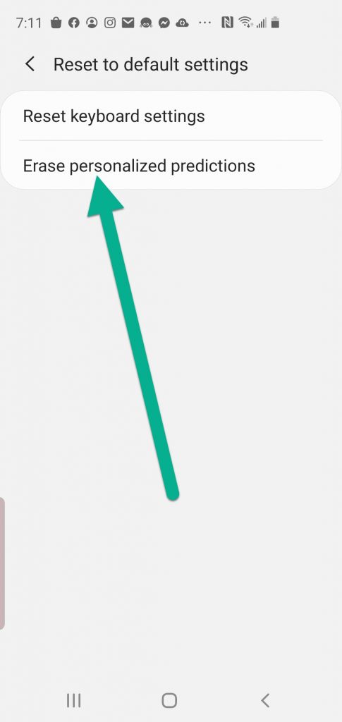 Screenshot of Android settings with arrow pointing to "Erease personalized predictions."