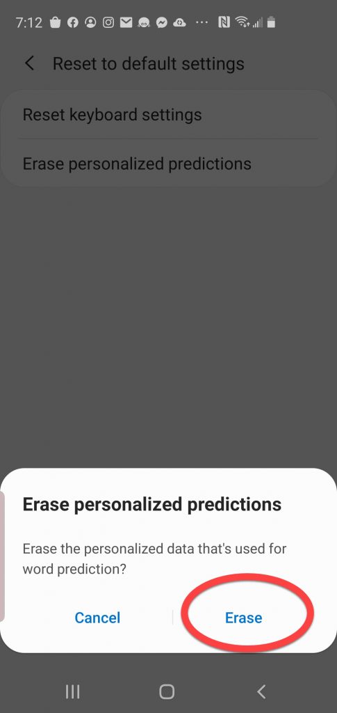 Screenshot of Android settings with with "Erase personalized predictions" verification options.