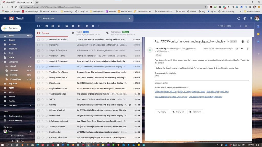 Screenshot of Gmail in a browser with the reading pane on the right.