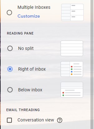 Screenshot of Gmail Reading Pane options in Settings