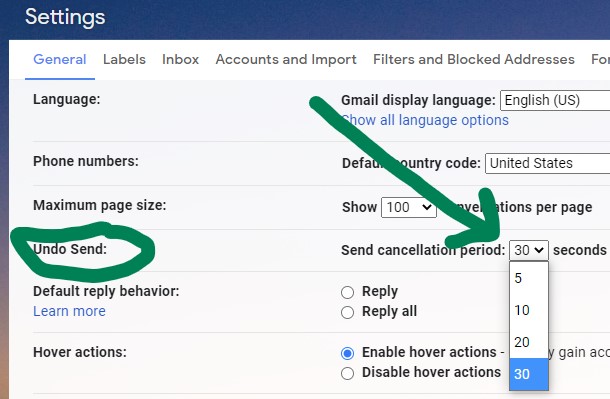 Screenshot of the Gmail Setting "Undo Send) window