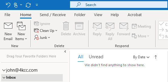 Screenshot of my empty Inbox in Microsoft Outlook