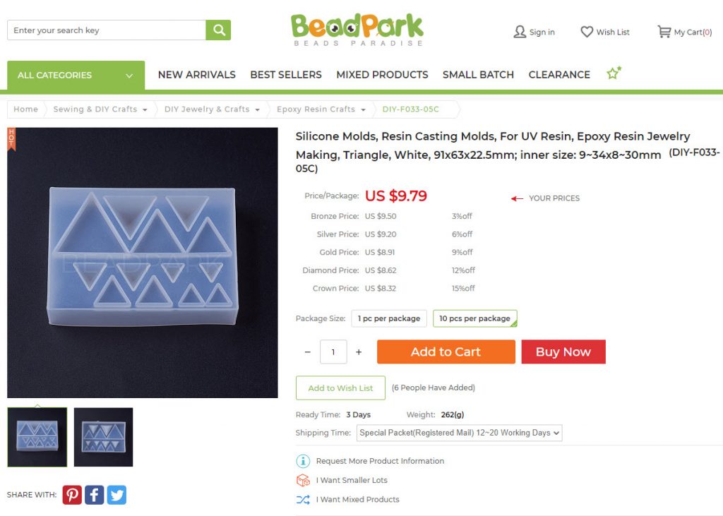 Screenshot in Google Chrome of a  BeadPark webpage.
