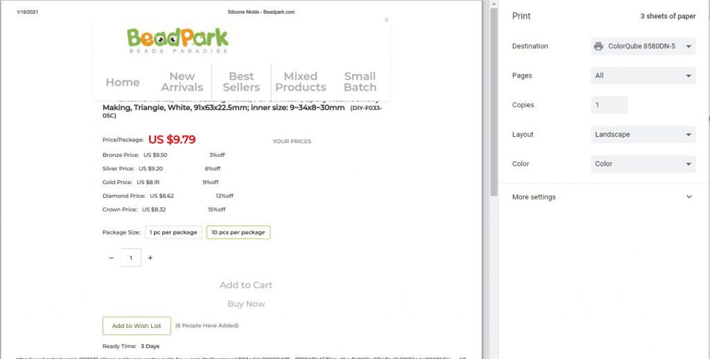 Screenshot of the Print Preview windows in Chrome of the BeadPark web page.
