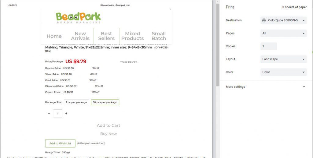 Screenshot of the Print Preview windows in Chrome of the BeadPark web page.