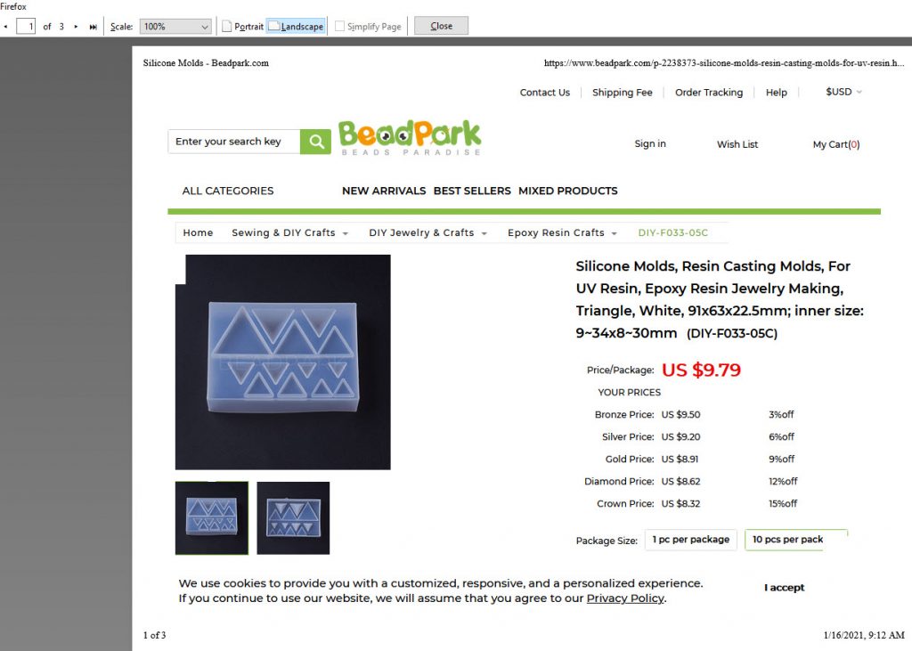 Screenshot of the Print Preview window of the Beadpark page in Firefox