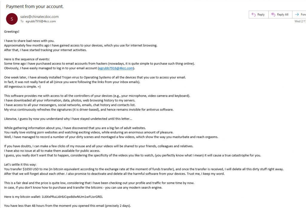 Screen capture of a scam email example about pornography and using the emotion of fear.