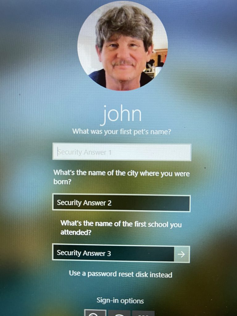 Screenshot of the log in screen with the three security questions showing - awaiting answers.