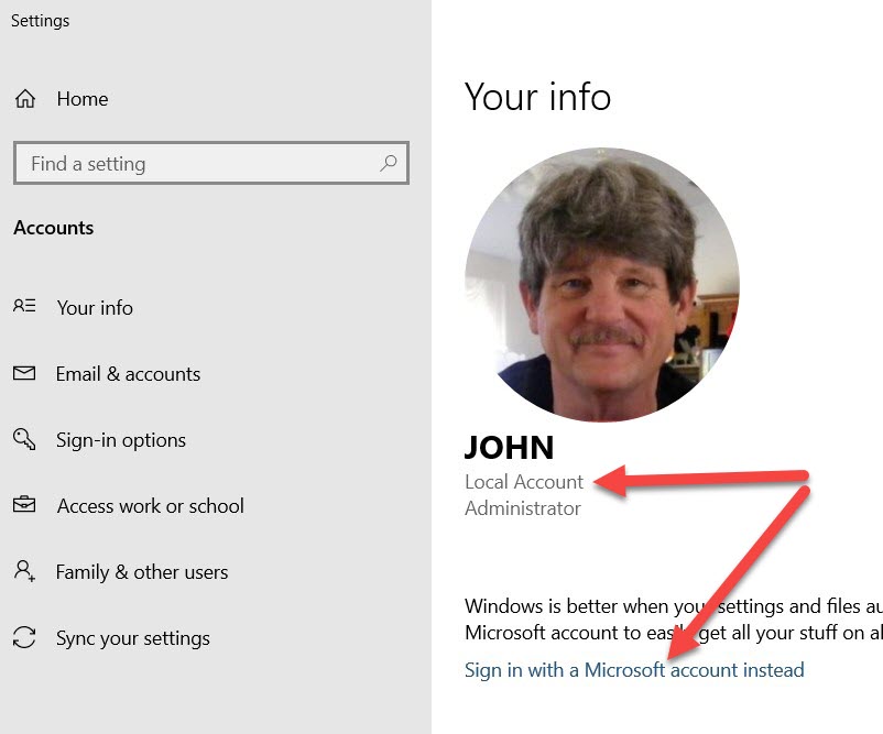 Screenshot showing local account on Windows 10