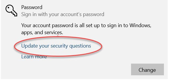 Screenshot of the "Update your security questions" options under Password Windows 10