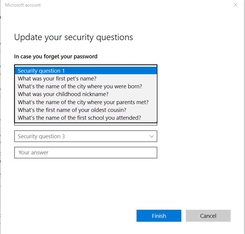 Screenshot of the "Update your security questions" window - Windows 10