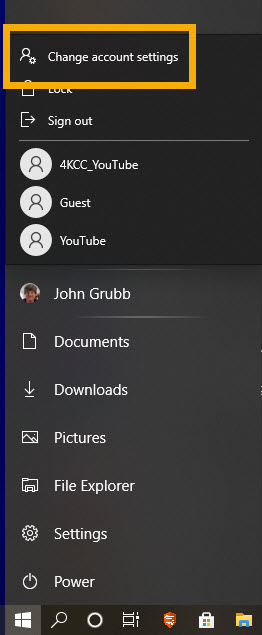 Screenshot of the Windows 10 start menu user with "Change account settings" highlighted