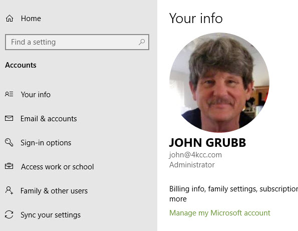 Screenshot of Windows 10 User Info - Microsoft Account