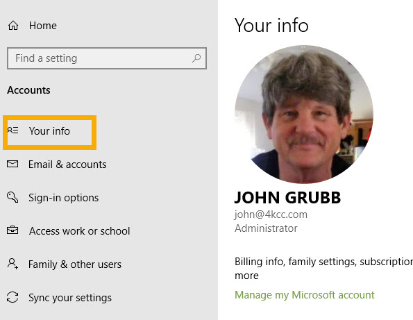 Screenshot of the Your Info window in Windows 10 Settings with "Your info" in the left column highlighted