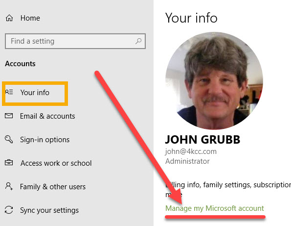 Screenshot of the Your Info window in Windows 10 Settings with "Your info" in the left column highlighted and "Manage my Microsoft account" in the right column highlighted