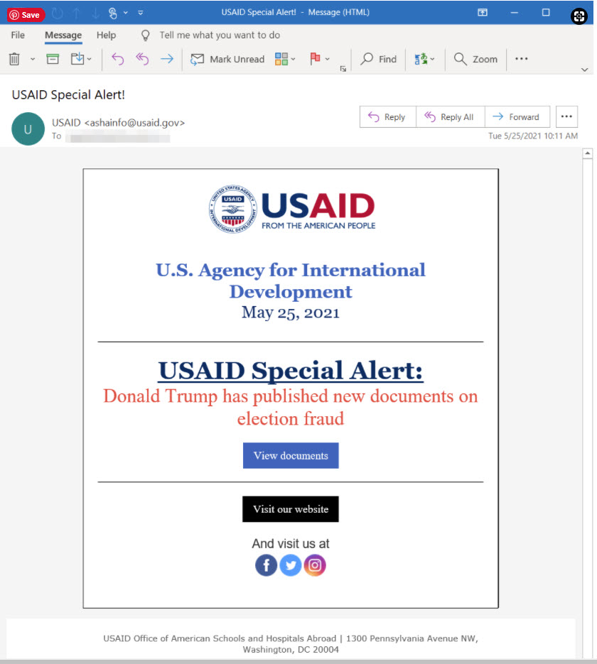 Screenshot of USAID fake, malicious email