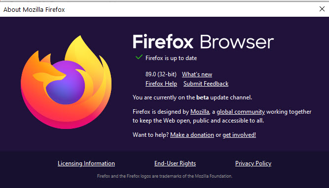 Screenshot of the Firefox Browser About window for version 89.0