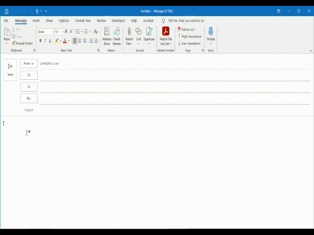 GIF of disappearing text when composing an email in Outlook 365.