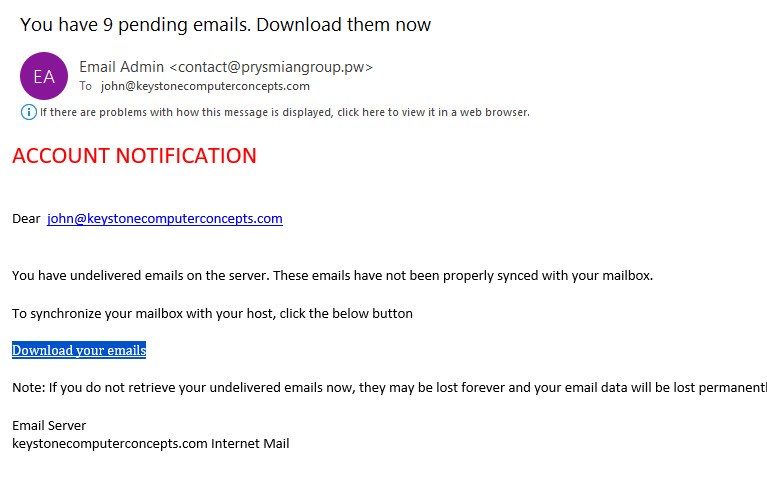 Screen capture of a scam email example undelivered emails.