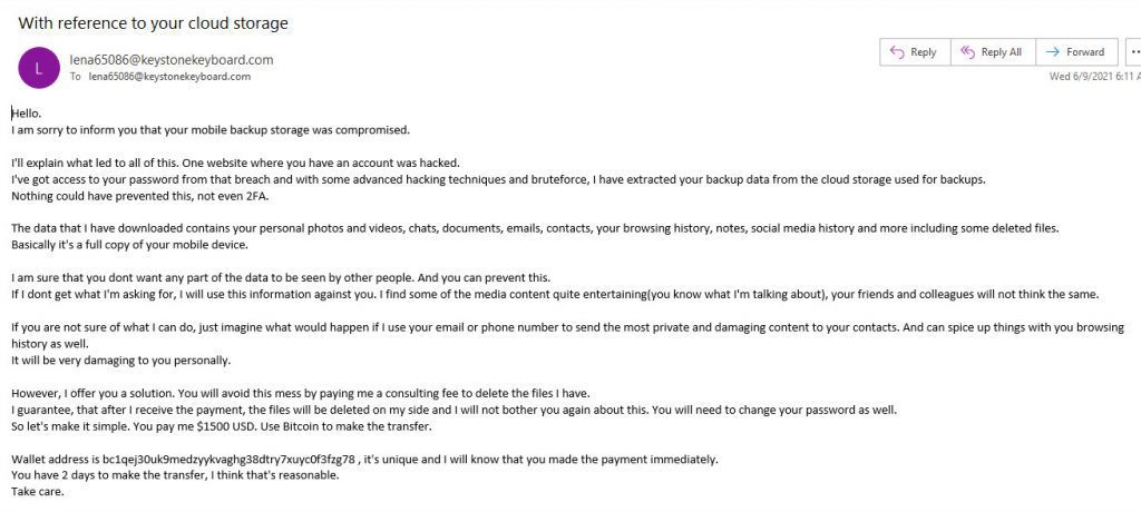 Screen capture of a scam email example  claiming they have hacked your cloud storage.