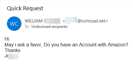 Screen capture of a friend asking you if you have an Amazon account
