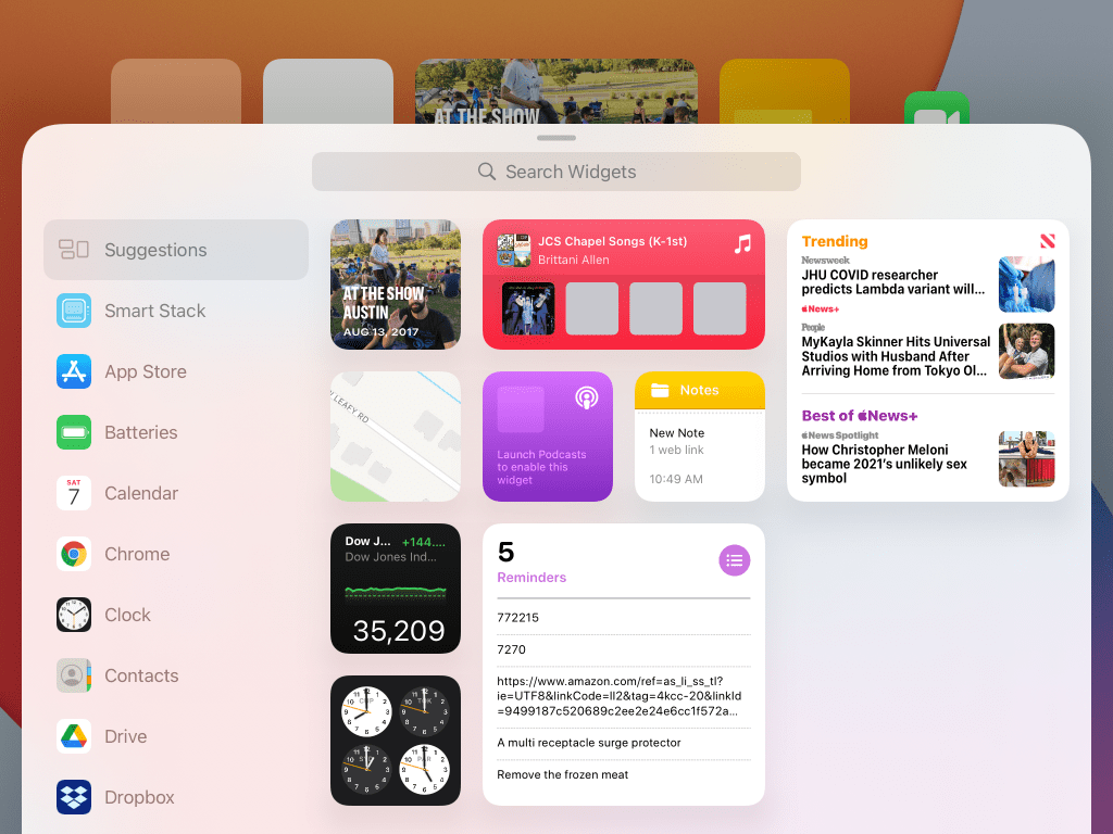 iPadOS 15 Home screen showing "add widget" screen
