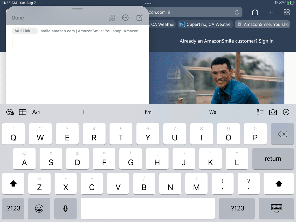 iPadOS 15 Showing the Quick Note after swiping diagonally from the lower right-hand corner of the iPad