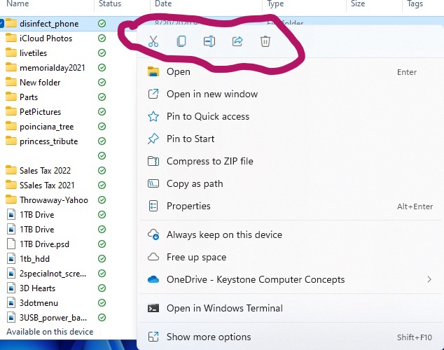 Windows 11 Changes: icons on right-click menu when on file or folder.