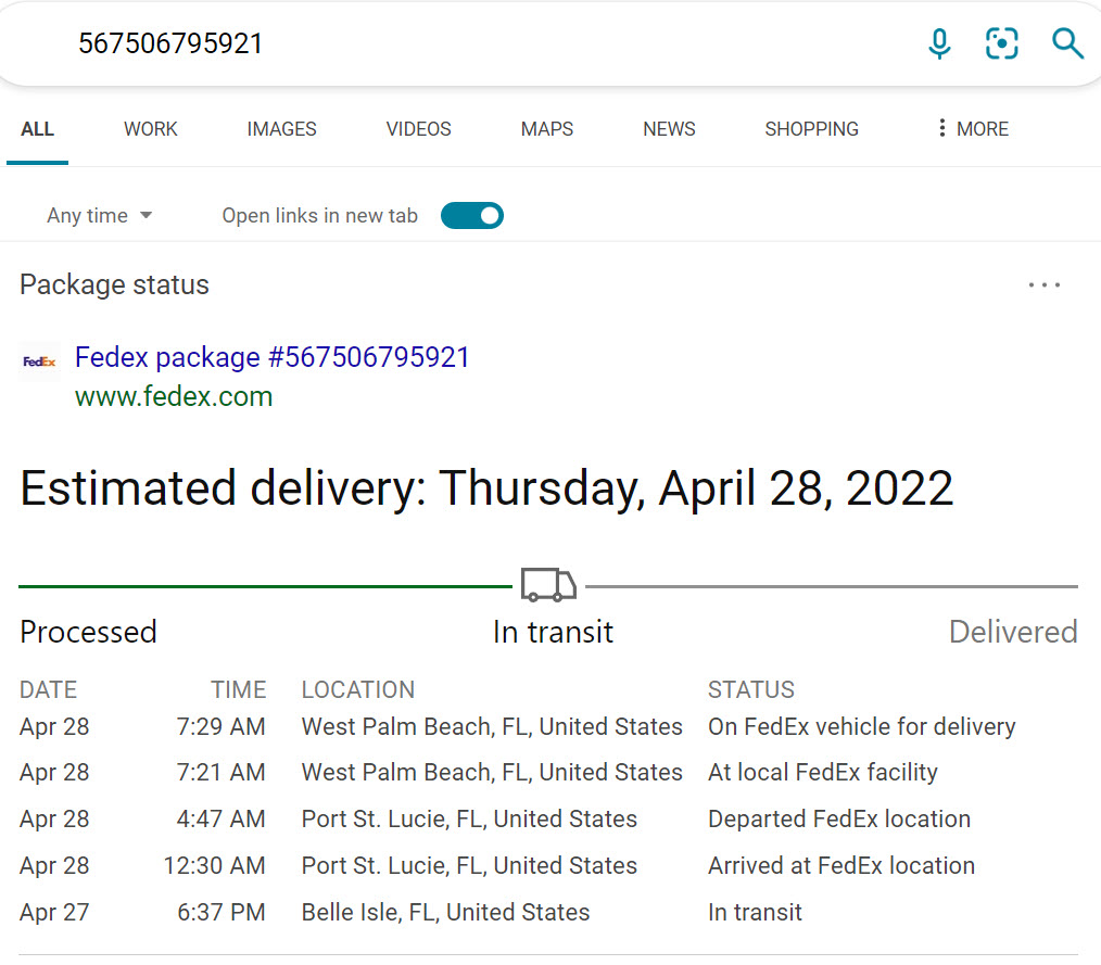 Bing Search result of entering a FedEx tracking number.