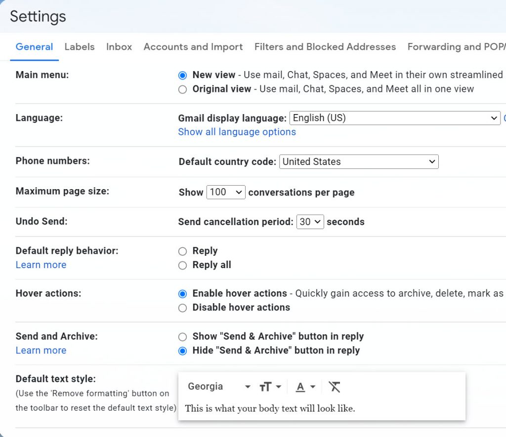 The general tab in Gmail settings.
