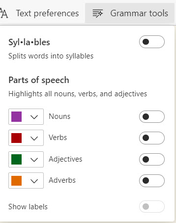 Microsoft Edge - the Grammar Tools menu