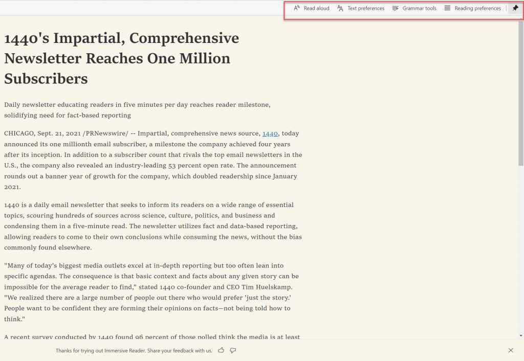 Screenshot of the page in Immersive Reader Mode
