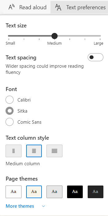 Microsoft Edge - the Text Preferences menu