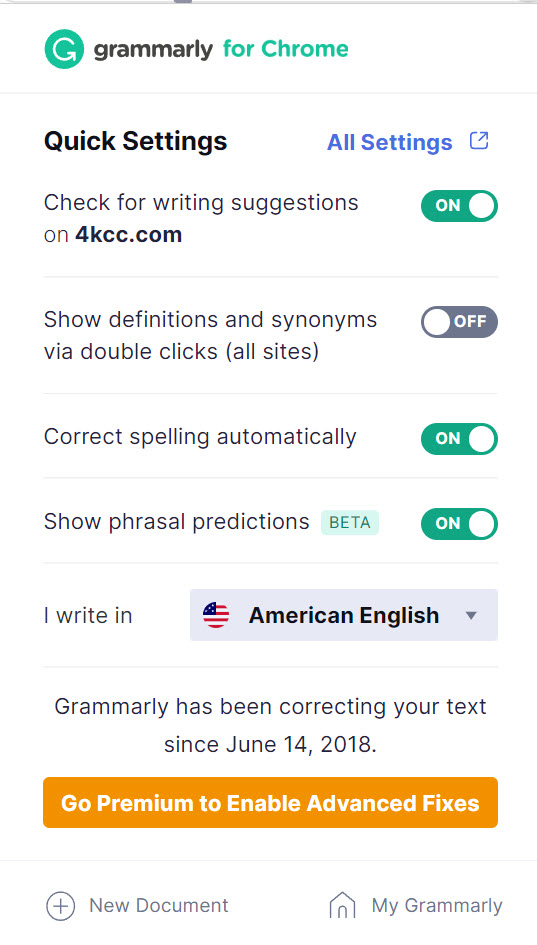 Grammarly for Chrome control window