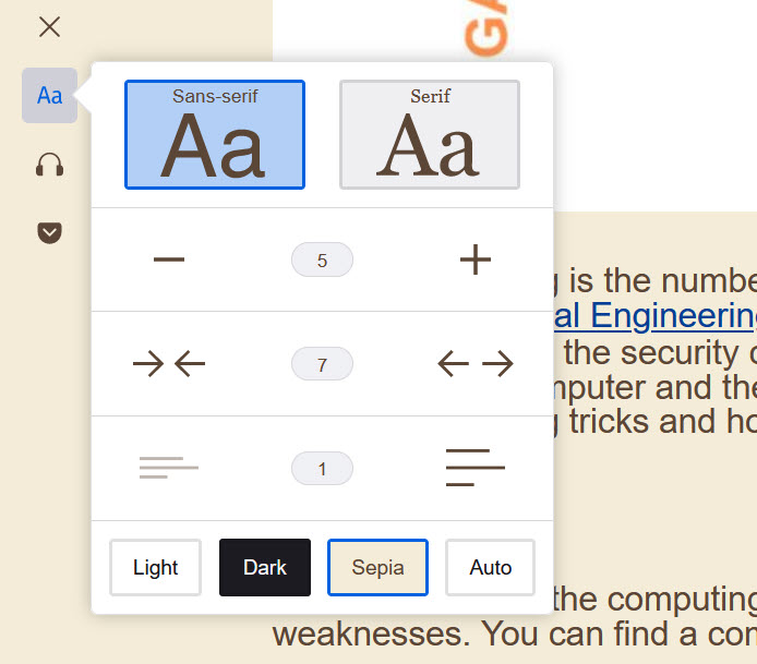 Sepia background in the Firefox Reader.