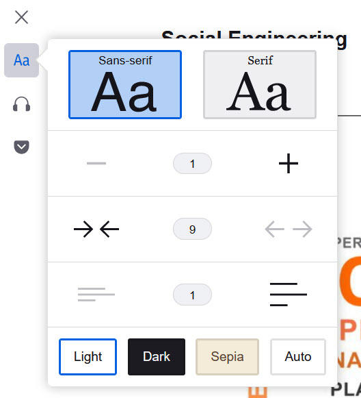 Text options in the Firefox Reader