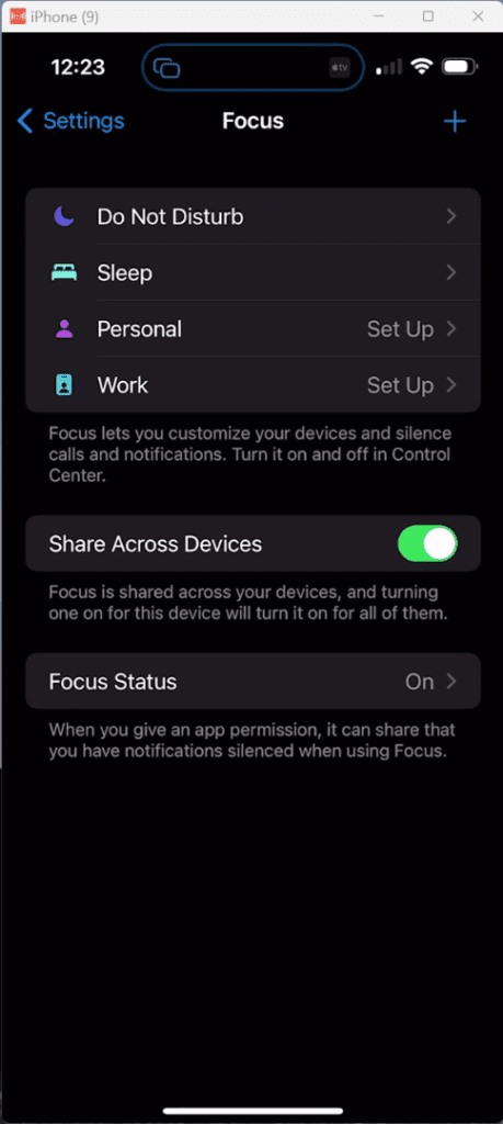 iPhone iOS 16 Sleep Settings - Screenshot of the iPhone Focus